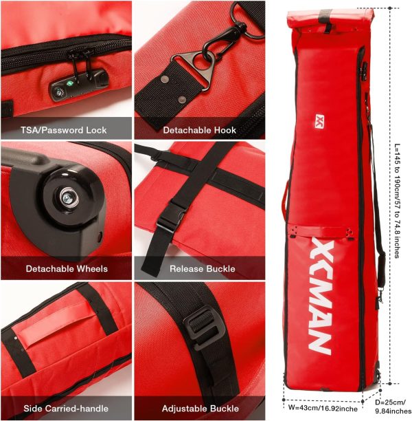 XCMAN Padded Snowboard Wheels Bag with TSA Lock,Perfect for Road Trips and Air Plane Travel, Adjustable Lenght 57inch to 74.8inch, Fits 2 pair Skis or Snowboards - Image 4